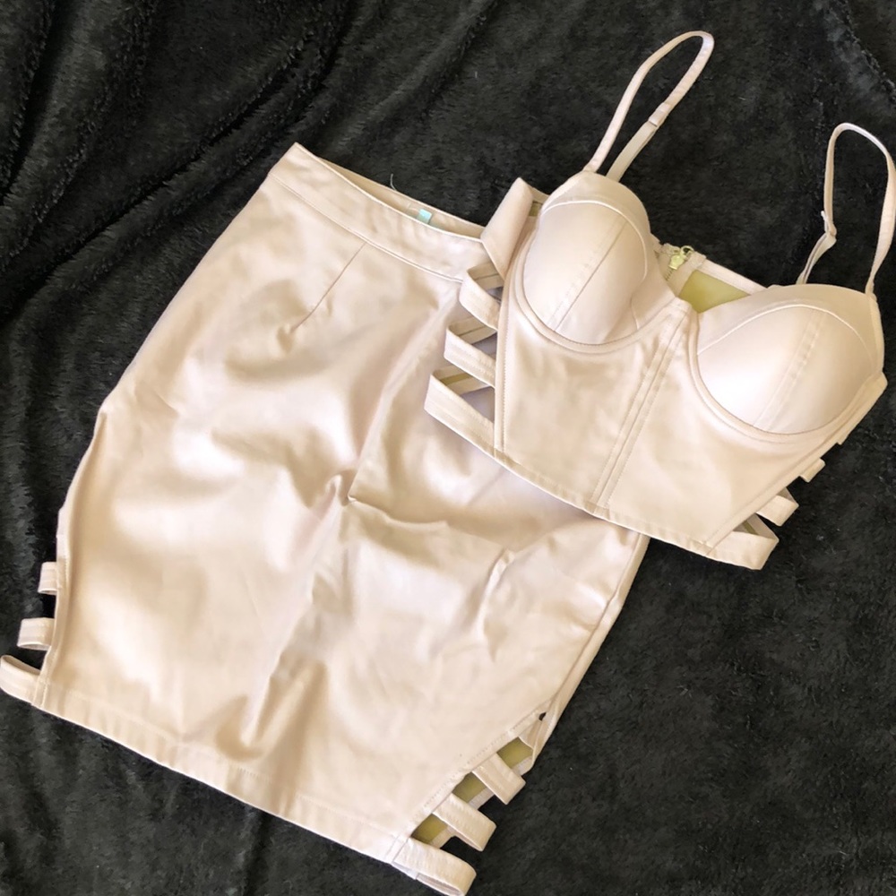 Dusty pink pleather skirt set.